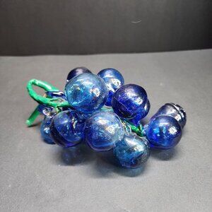 Vintage Handblown Art Glass Grapes Cluster Cobalt Blue with Leaf